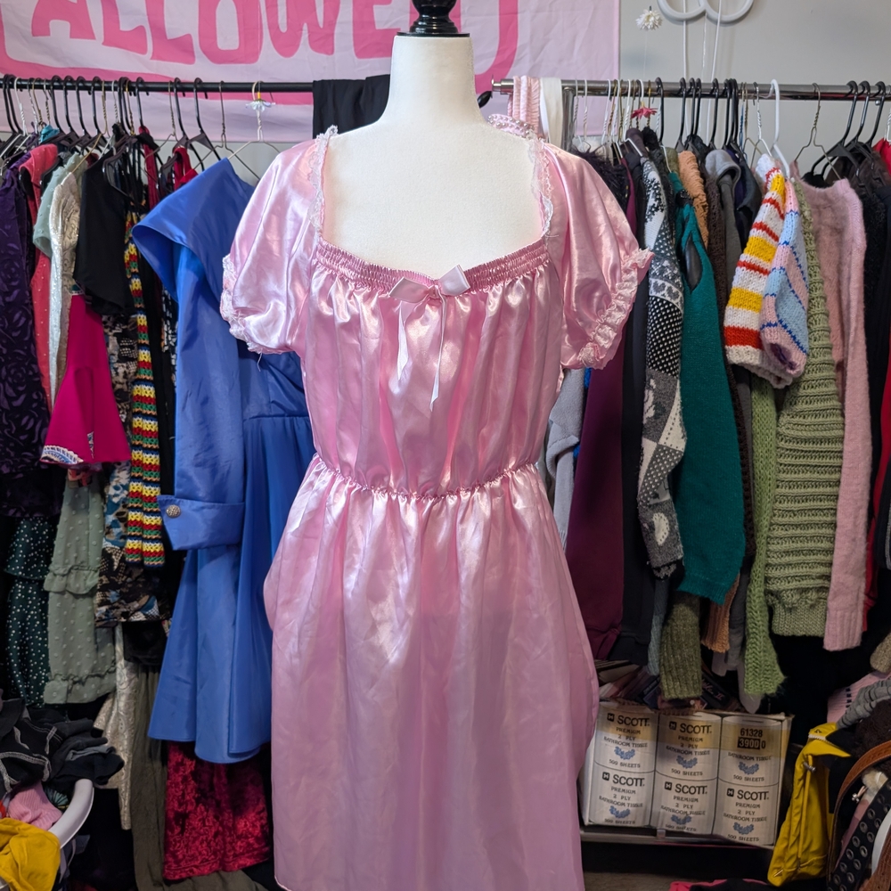 *Sold*Pink Satin Dress with Ribbon Detail - Picture 2 of 5